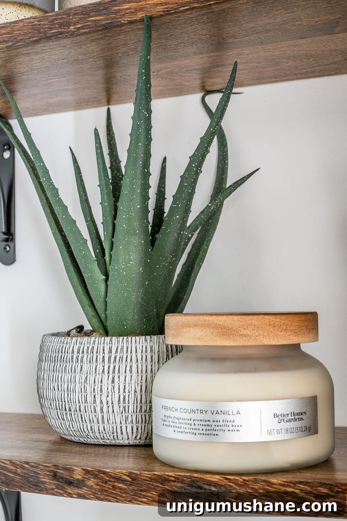 California Casual Powder Room Makeover: Before and After 15 artificial aloe plant and candle