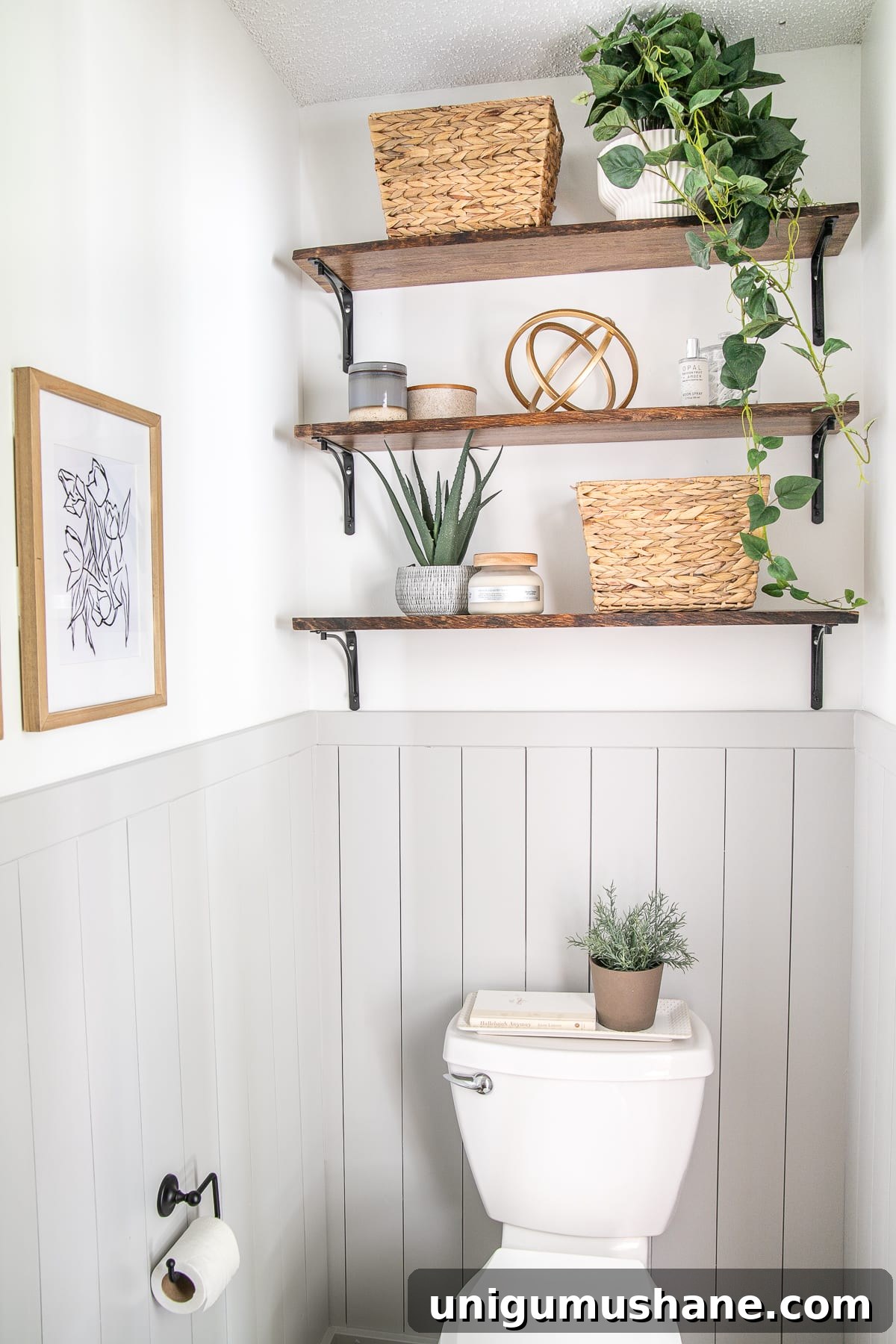 California Casual Powder Room Makeover: Before and After 16 shelves above toilet in small bathroom