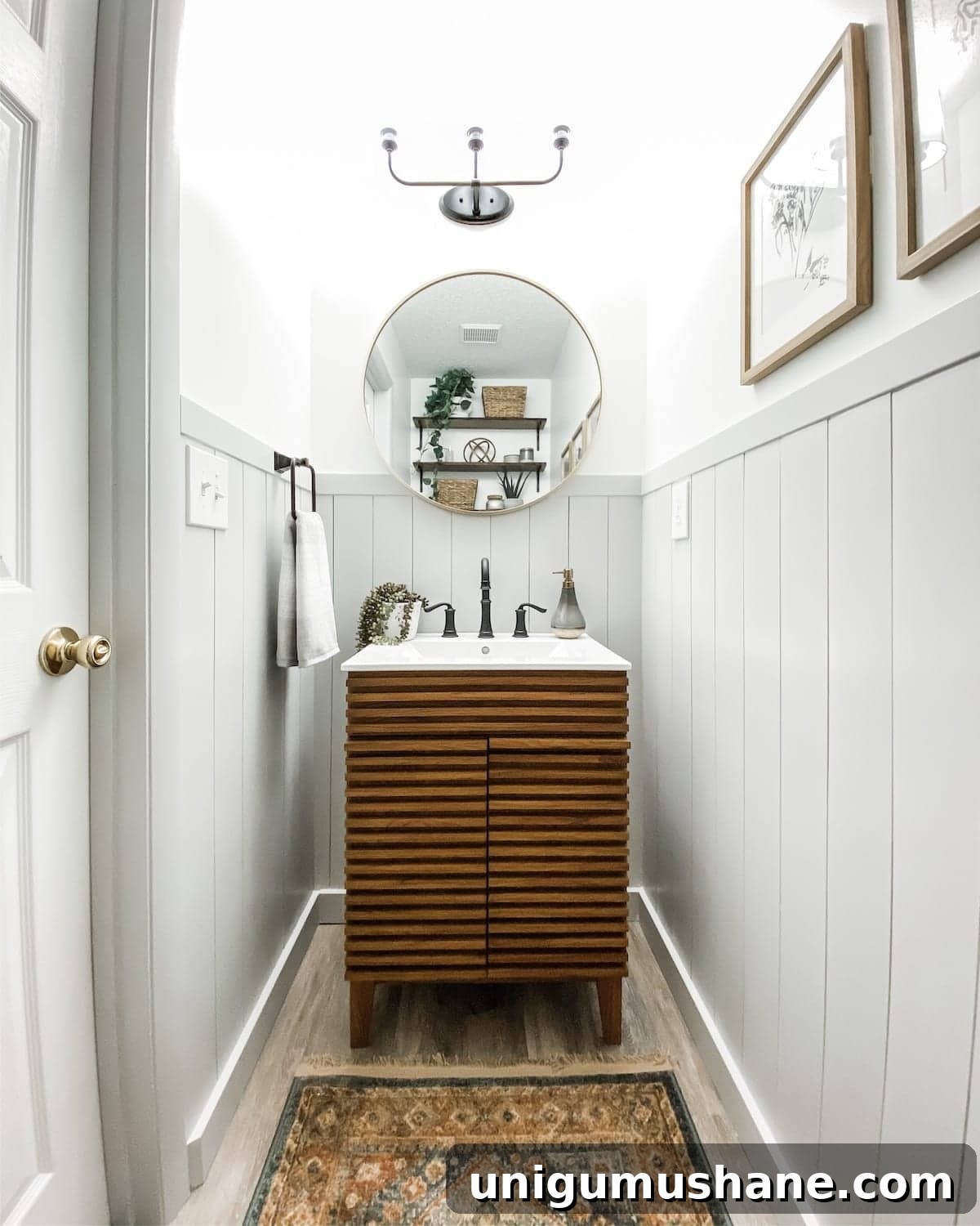 California Casual Powder Room Makeover: Before and After 5 small powder room with vertical shiplap and Mid Century Modern style vanity