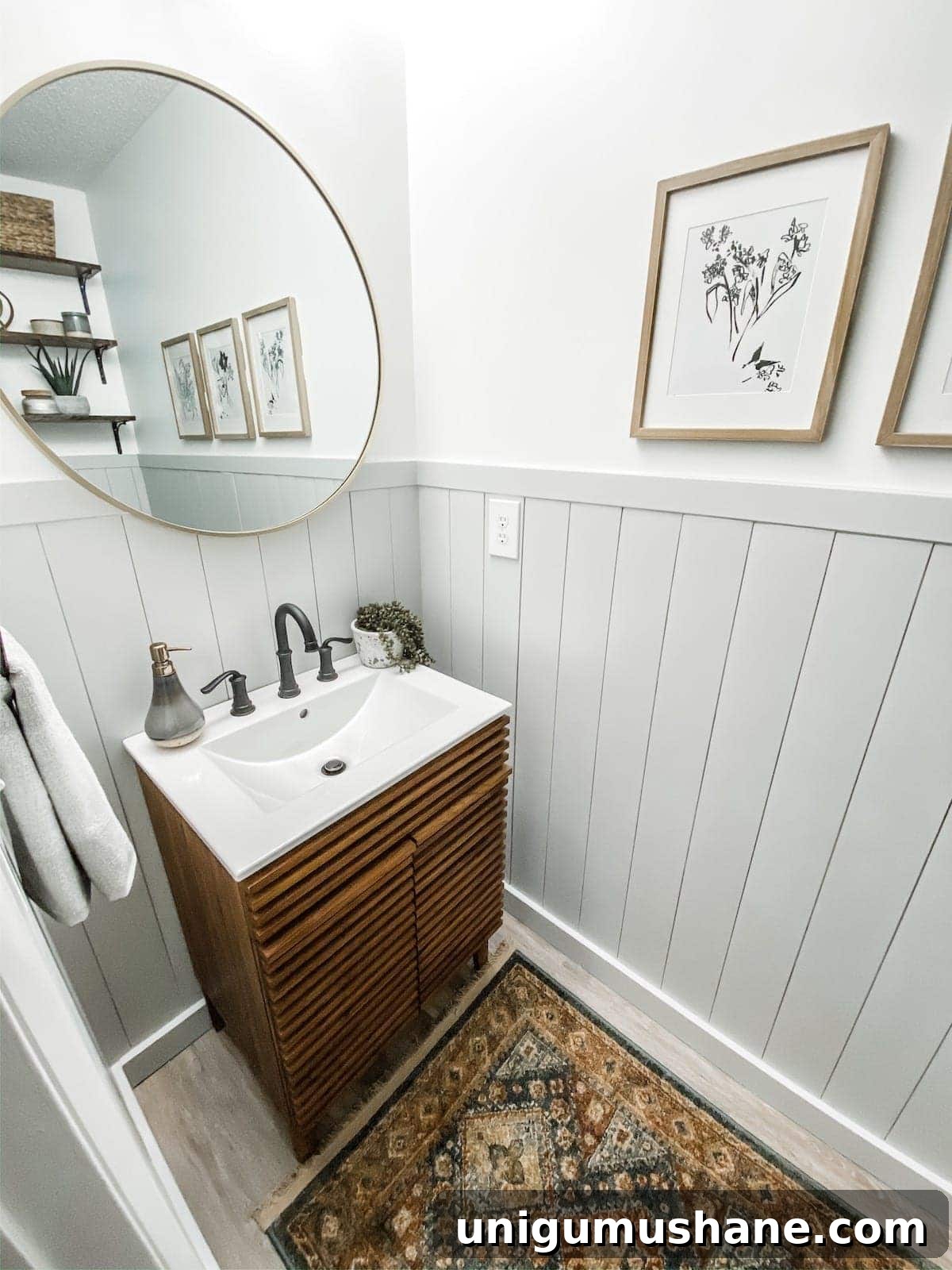 California Casual Powder Room Makeover: Before and After 6 powder room with gray vertical shiplap and white walls