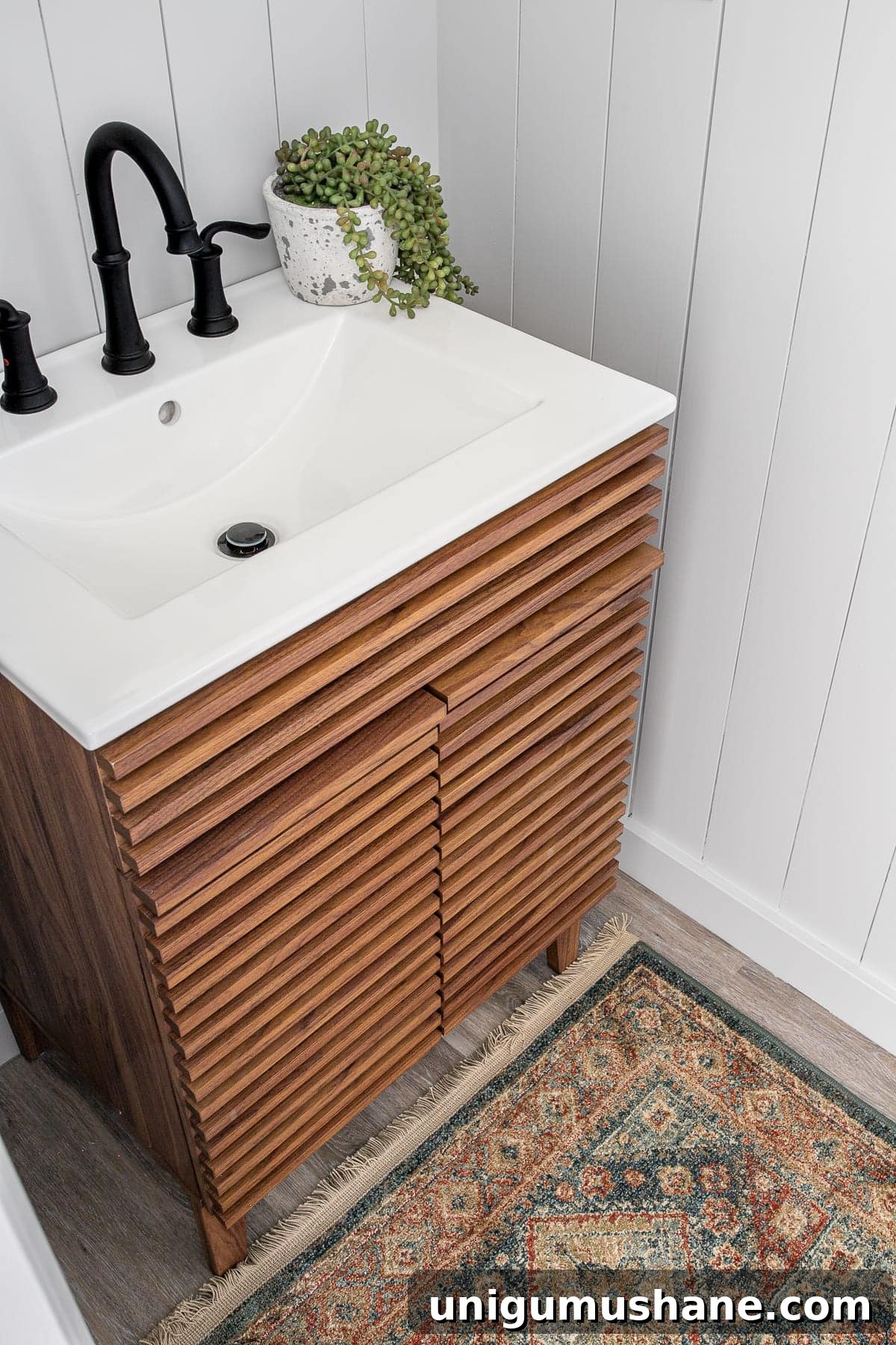 California Casual Powder Room Makeover: Before and After 7 Mid Century Modern sink vanity and vintage style rug