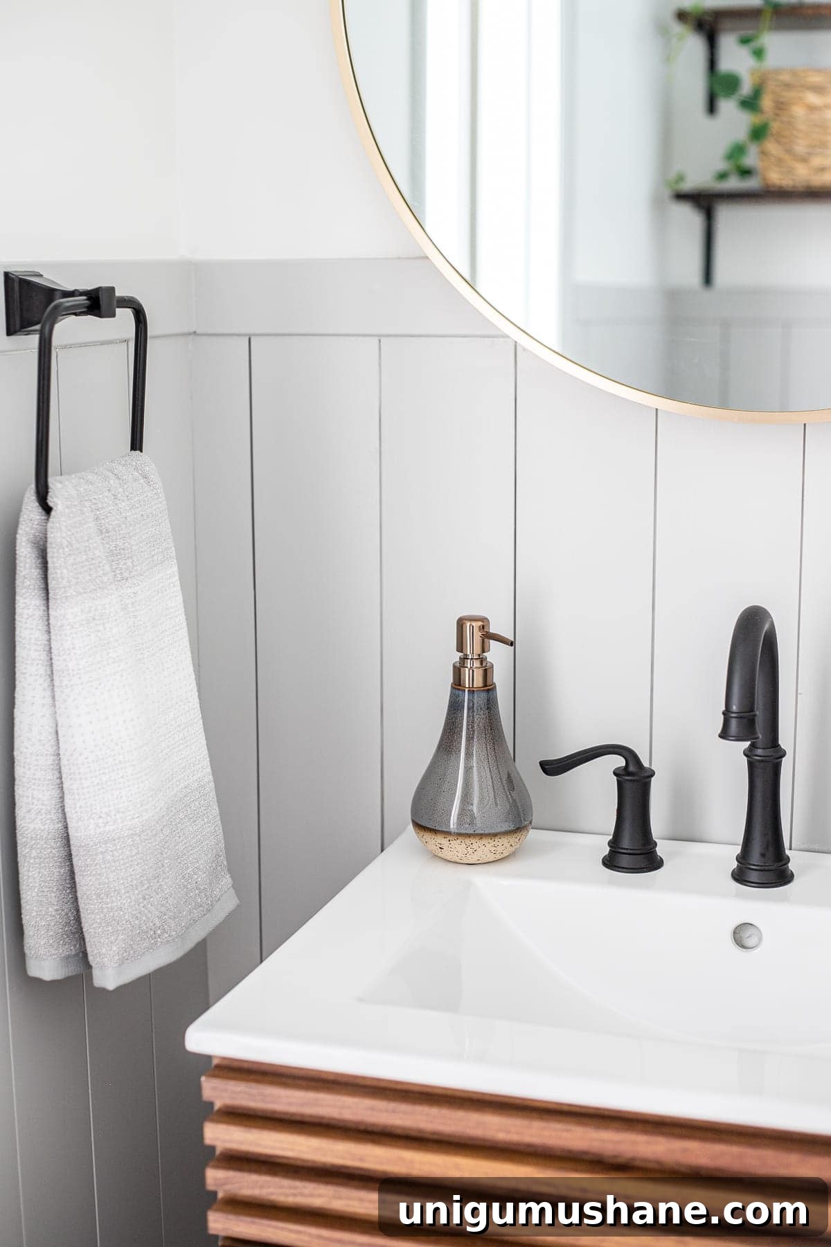 California Casual Powder Room Makeover: Before and After 8 powder room decor and vertical gray shiplap
