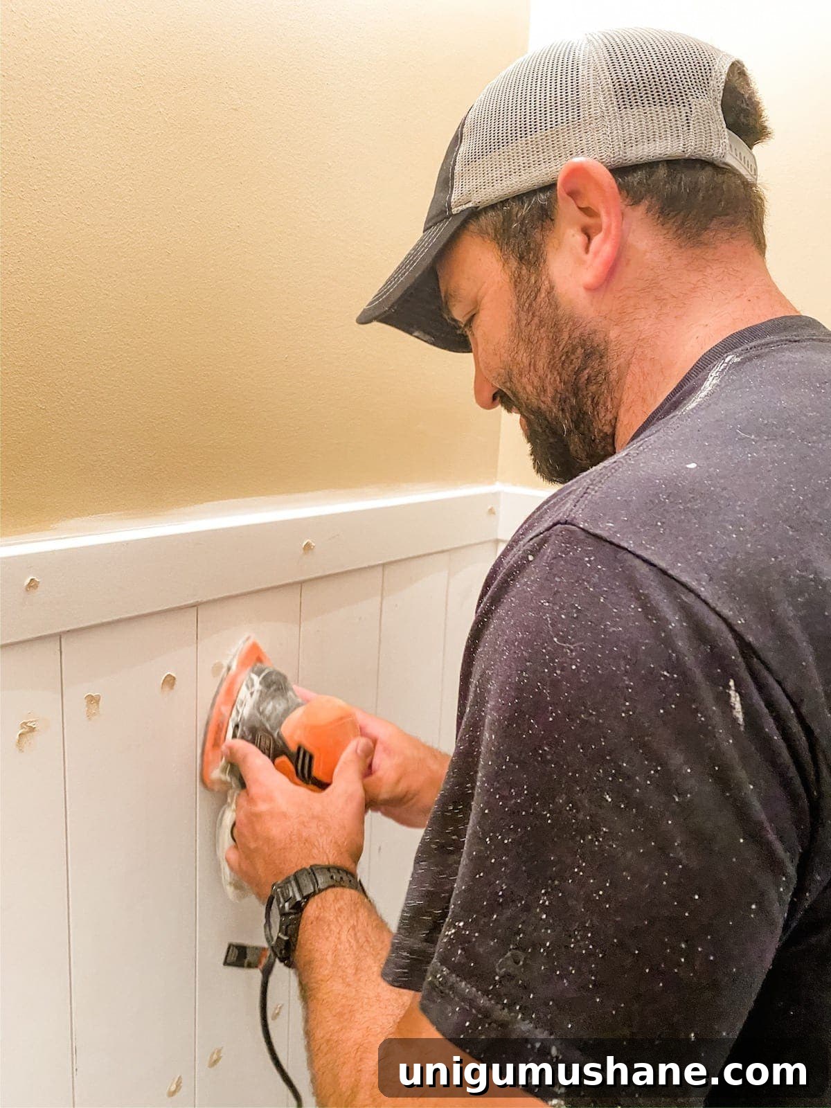 DIY Vertical Shiplap Wainscoting for Bathroom Walls 15 sanding wood filler on vertical planks