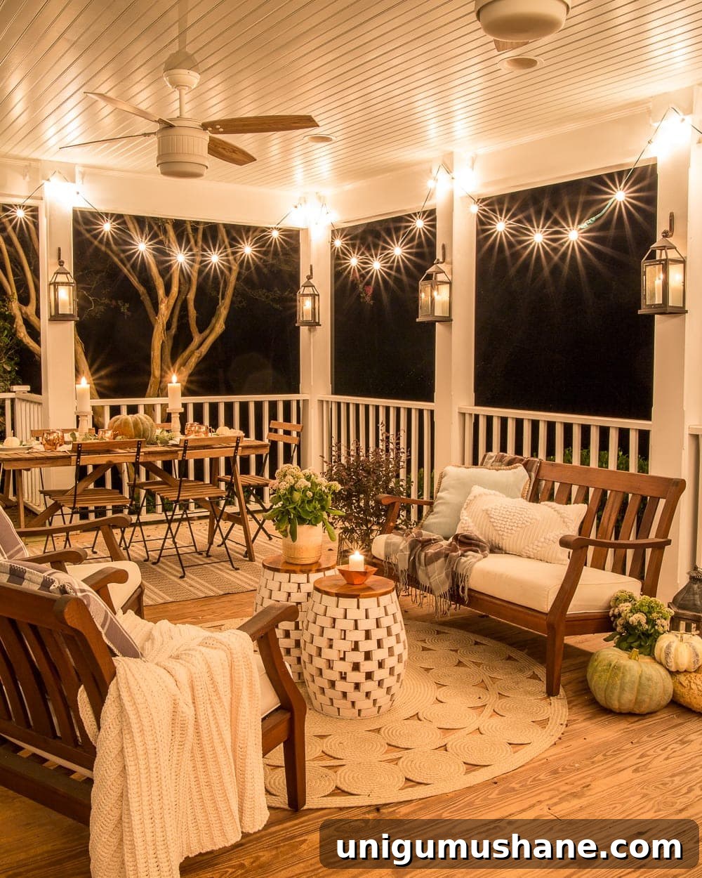 DIY Fall Decor Projects to Make Your Home Cozy 6 back porch decorated for fall with string lights to create a cozy home