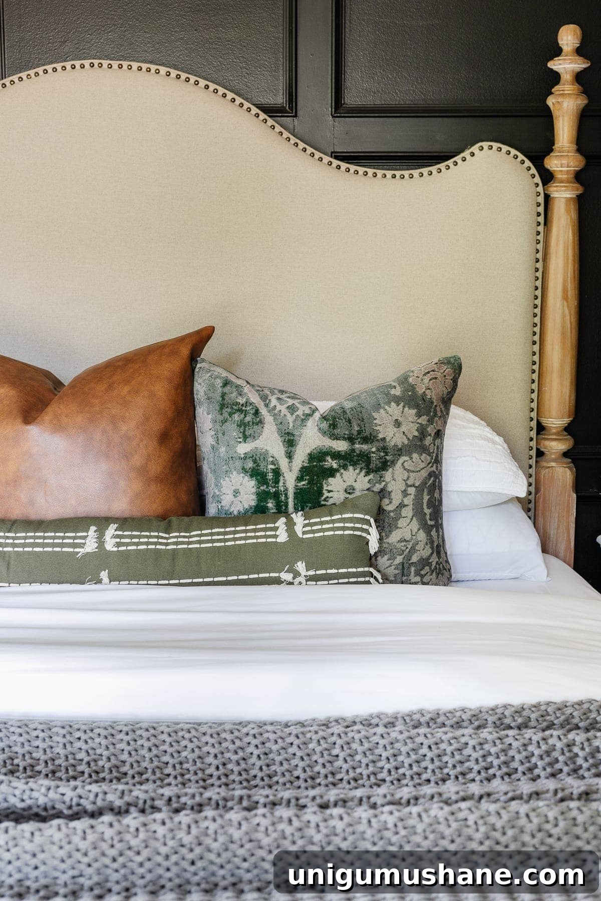 DIY Fall Decor Projects to Make Your Home Cozy 7 velvet and leather throw pillows on a bed for a cozy home decor for fall