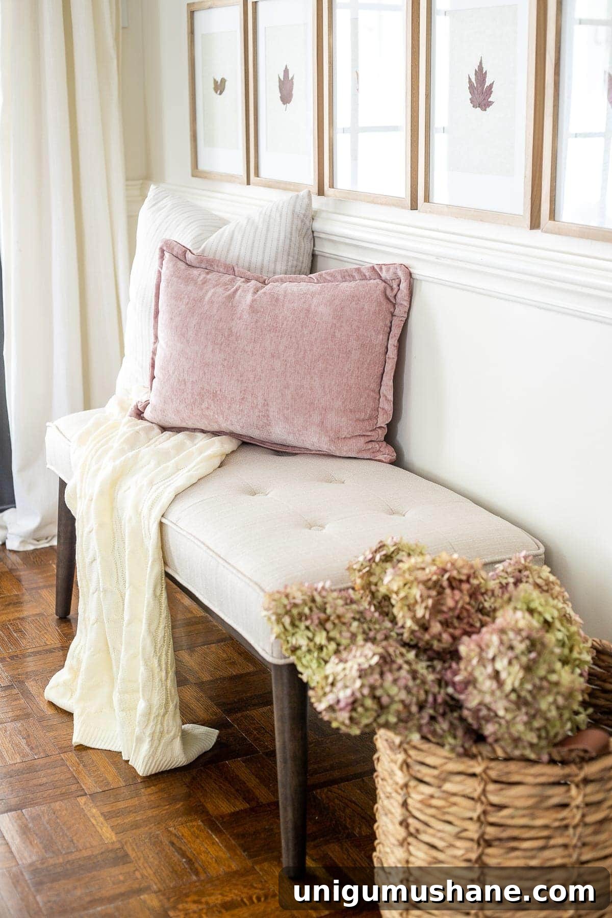 Pressed Leaf Gallery Wall Ideas for Fall Entryways 5 dried hydrangeas entryway bench and blush pillow