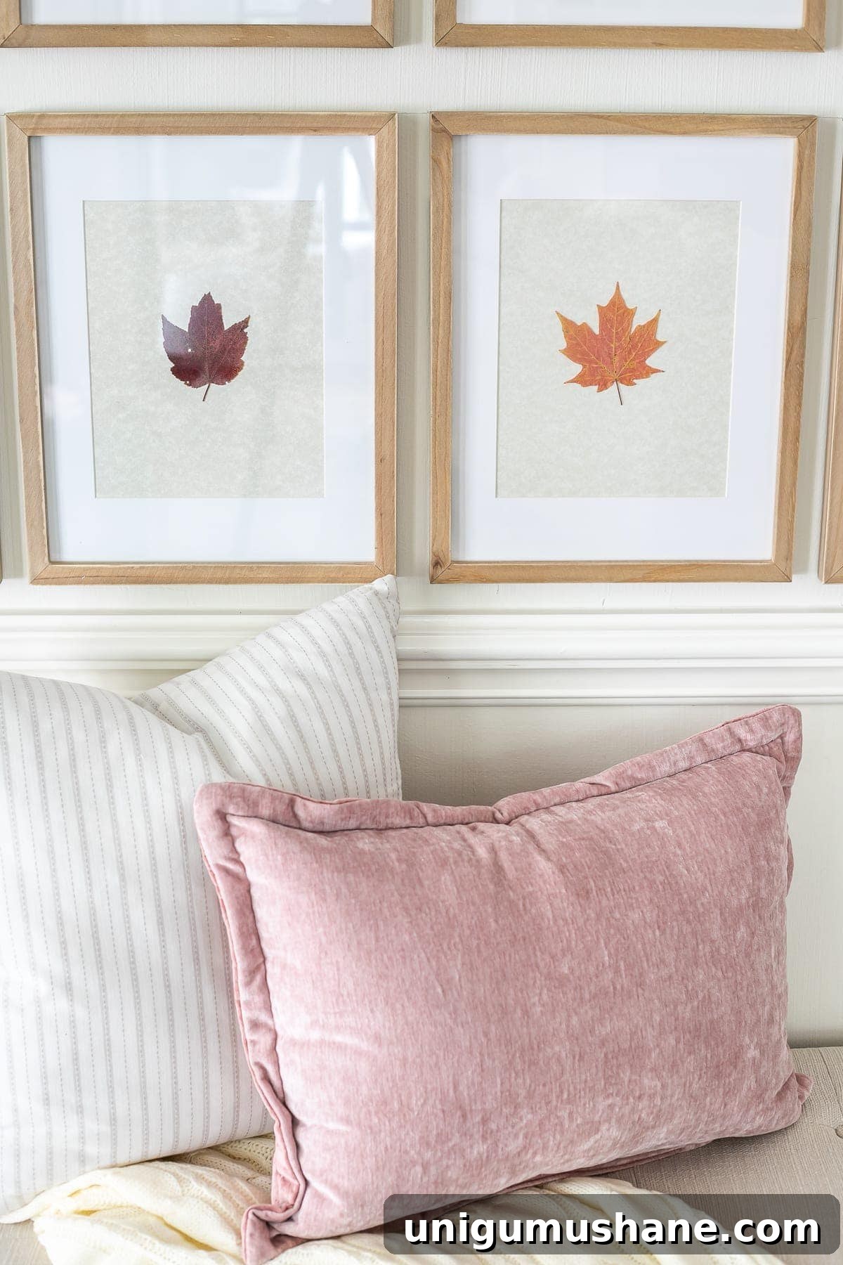Pressed Leaf Gallery Wall Ideas for Fall Entryways 6 pressed fall leaves framed and neutral and blush throw pillows
