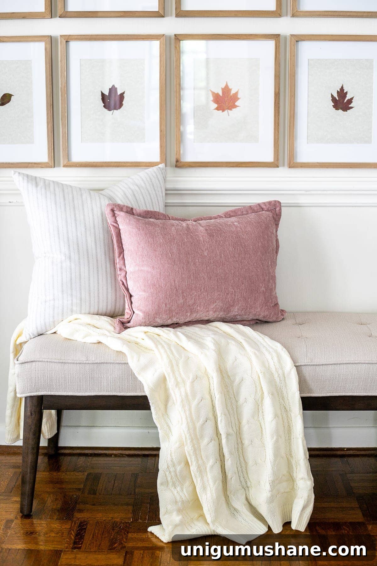 Pressed Leaf Gallery Wall Ideas for Fall Entryways 9 pressed fall leaves in frames and throw pillows on an entryway bench