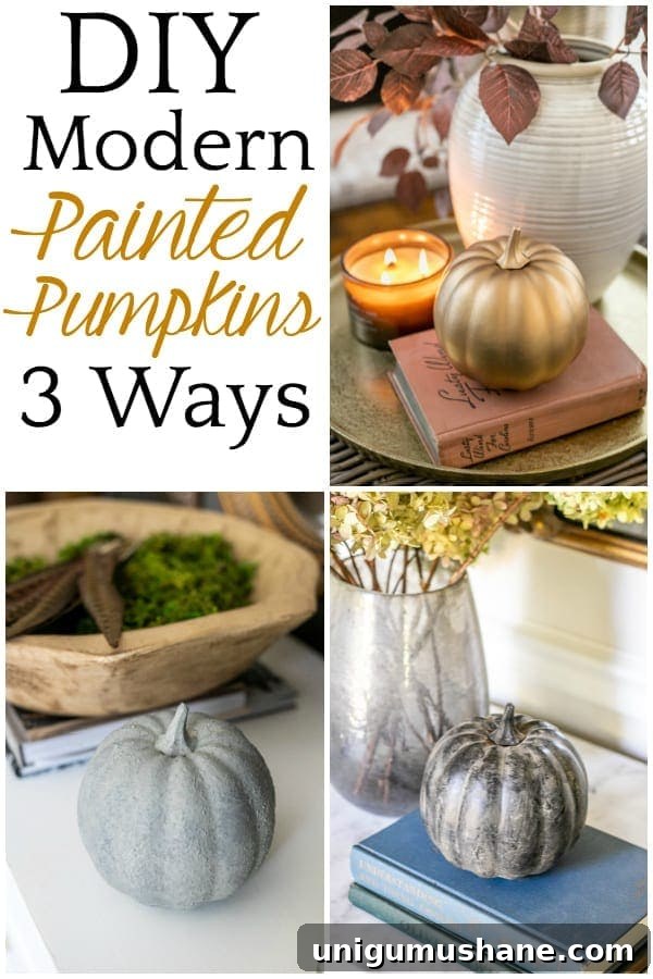 3 Modern Pumpkin Painting Ideas for Chic Fall Decor 14 DIY Modern Painted Pumpkins 3 Ways | 3 techniques for DIY painted pumpkins using spray paint, metallics, and dirt to create concrete, antique brass, and black earthenware looks.