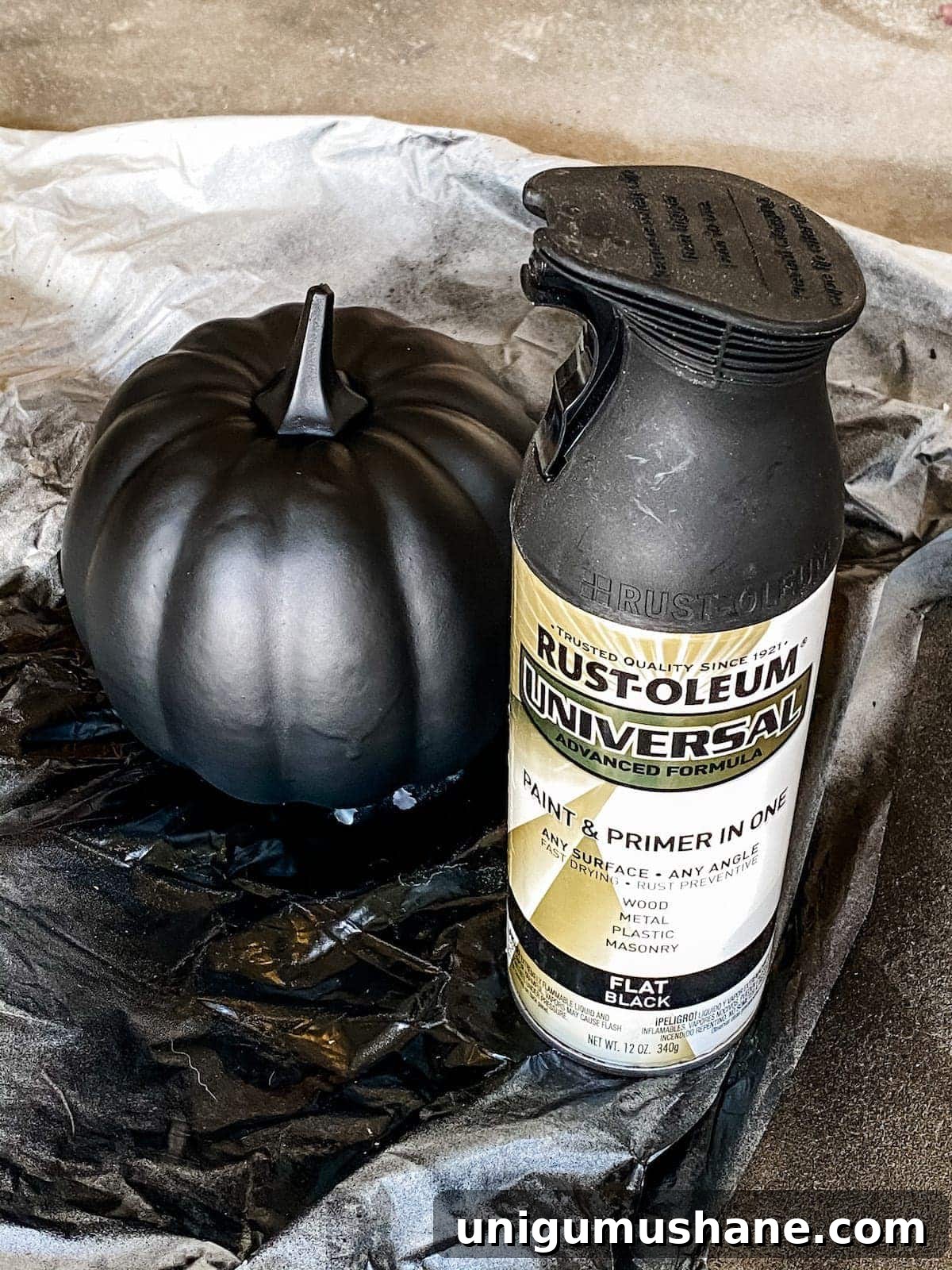 3 Modern Pumpkin Painting Ideas for Chic Fall Decor 9 fake pumpkin painted with flat black spray paint