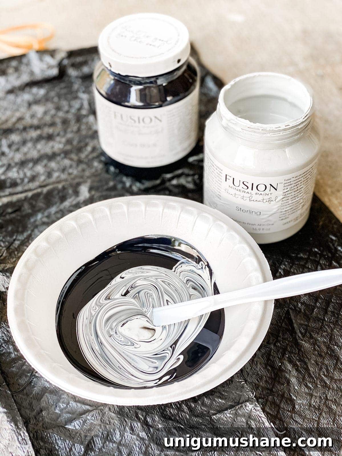 black and white acrylic Fusion Mineral Paint to make medium gray paint