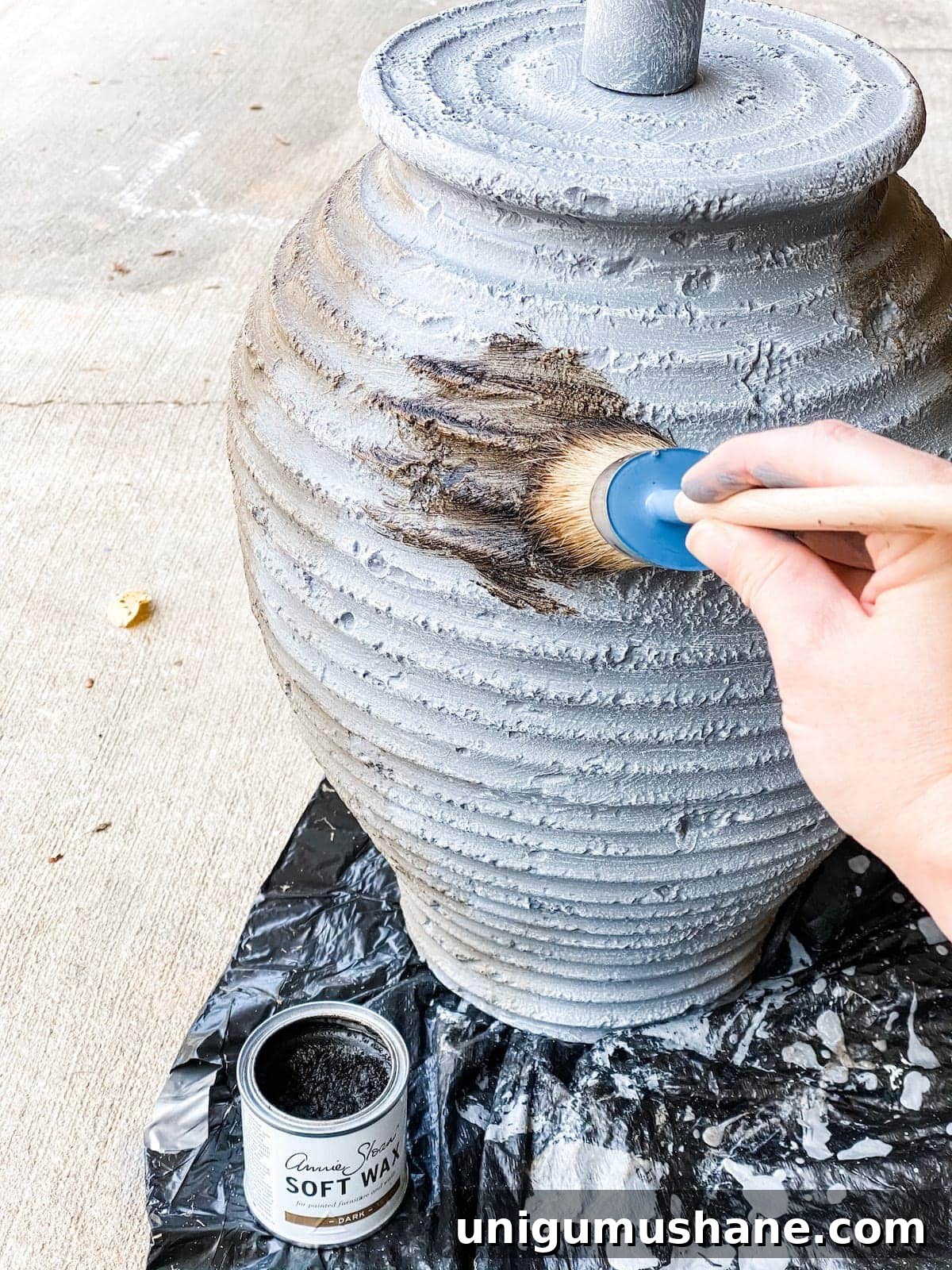dark wax finish on gray painted lamp