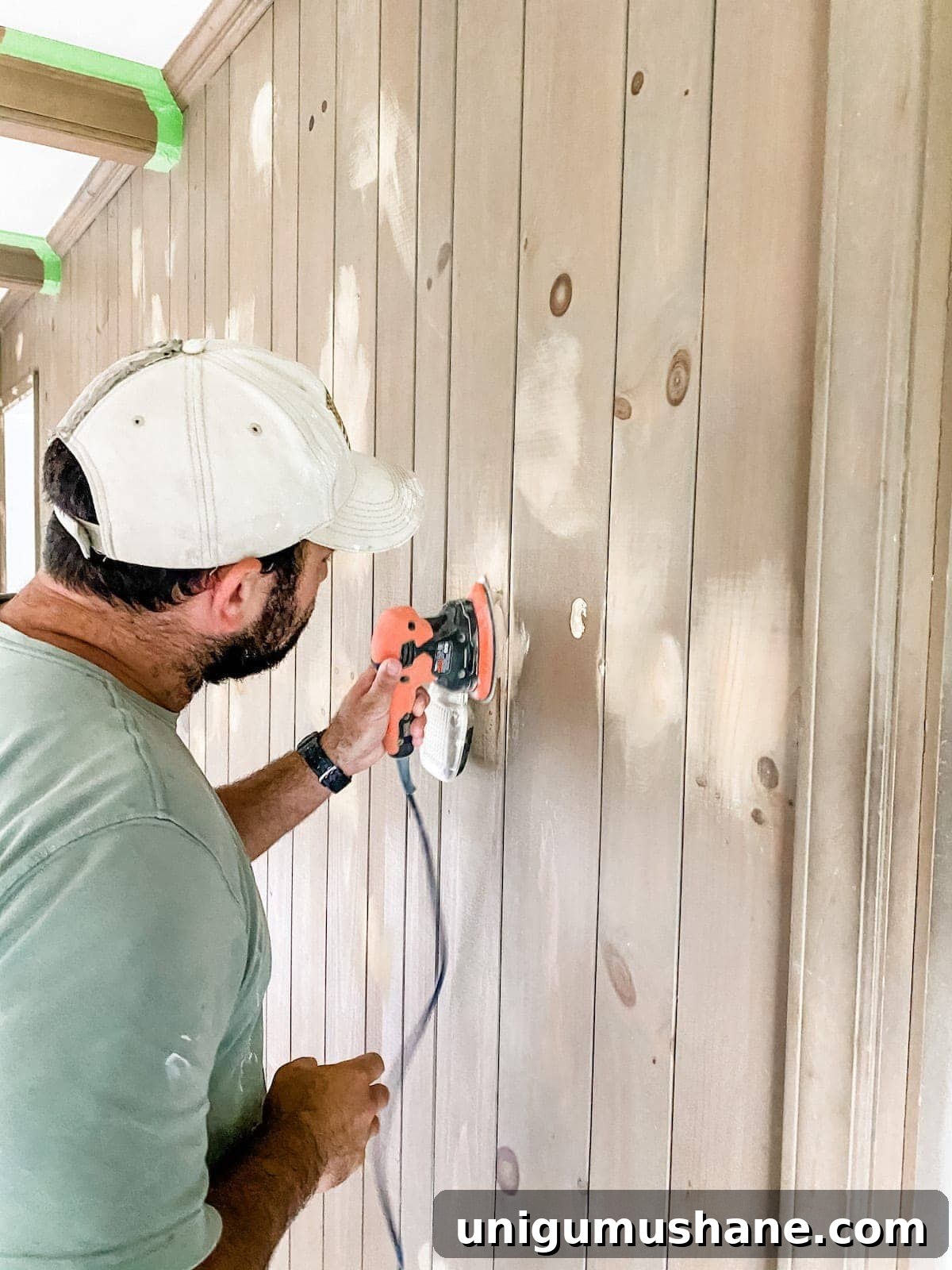 DIY Painted Wall Paneling and McNay Project Update 2 sanding wood paneling