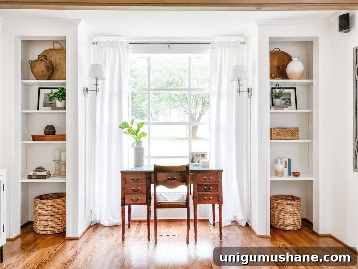 Turn a Closet Into Built In Shelving 3 white office in living room with built-in shelves and desk in front of window