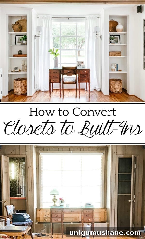 Turn a Closet Into Built In Shelving 22 How to Convert Closets to Built-In Shelves: A step-by-step tutorial for converting closets into built-in shelves & a living room office transformation.