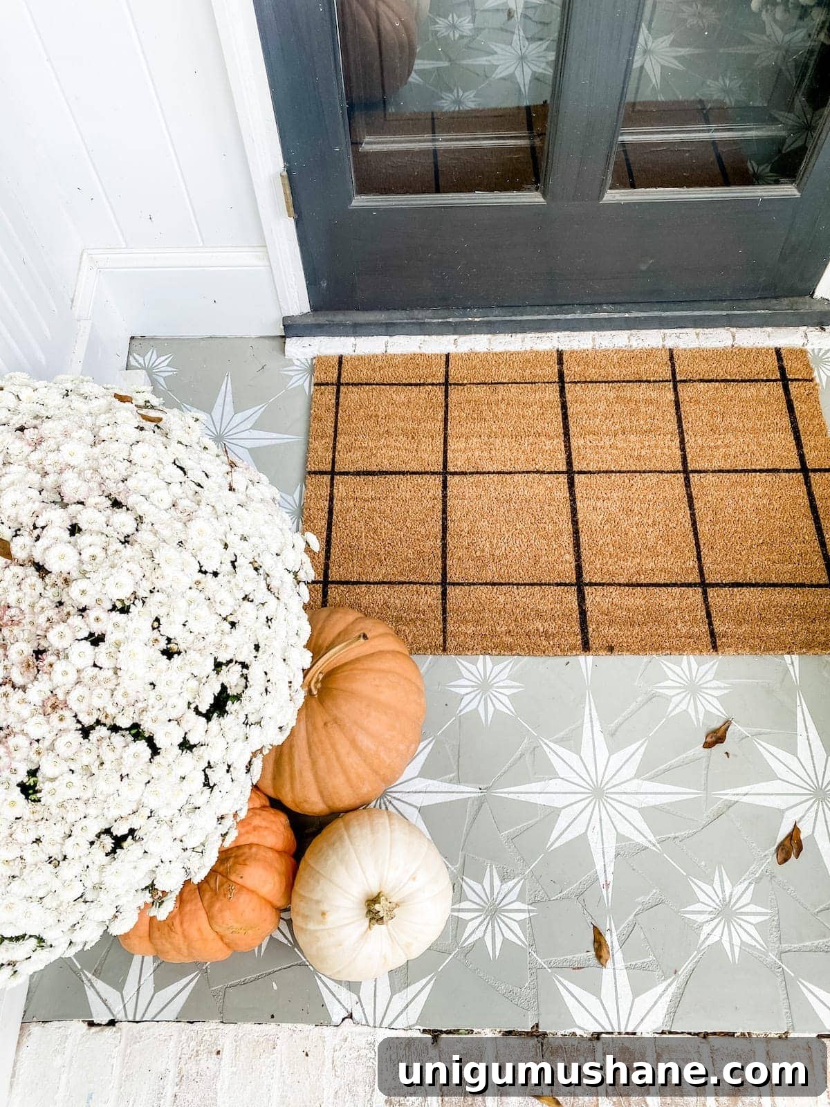 Colorful Fall Porch Stoop Decor for a Cozy Entryway 4 DIY Windowpane Check Welcome Mat and Stenciled Porch Floor