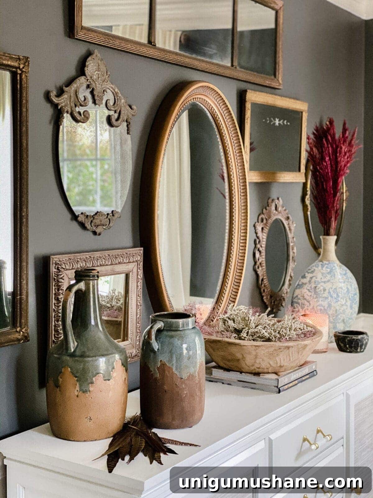 Preserved Flowers: Drying Leaves and Blooms for Home Decor 12 dried pampas grass and preserved flowers on a dining room sideboard for fall decor