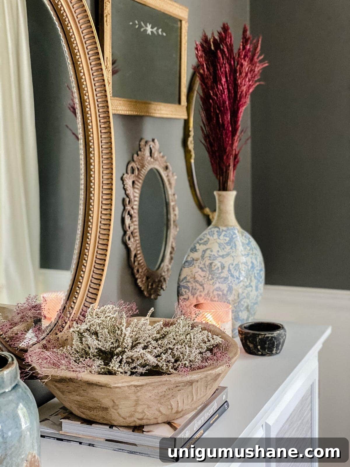 Preserved Flowers: Drying Leaves and Blooms for Home Decor 3 preserved flowers in a bowl on a buffet for fall dining room decor