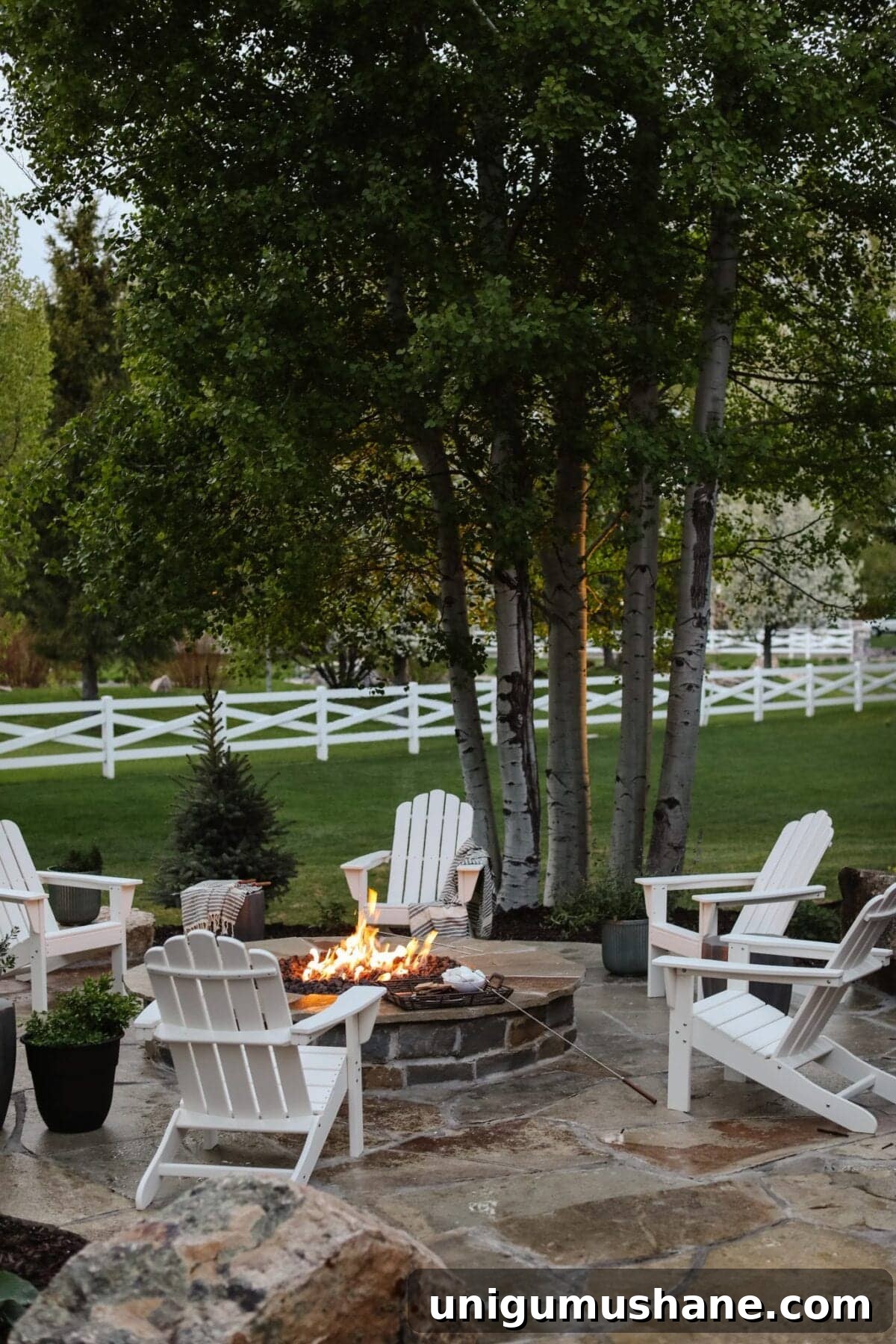 backyard fire pit with adirondack chairs