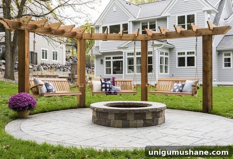 fire pit with swings and pergola