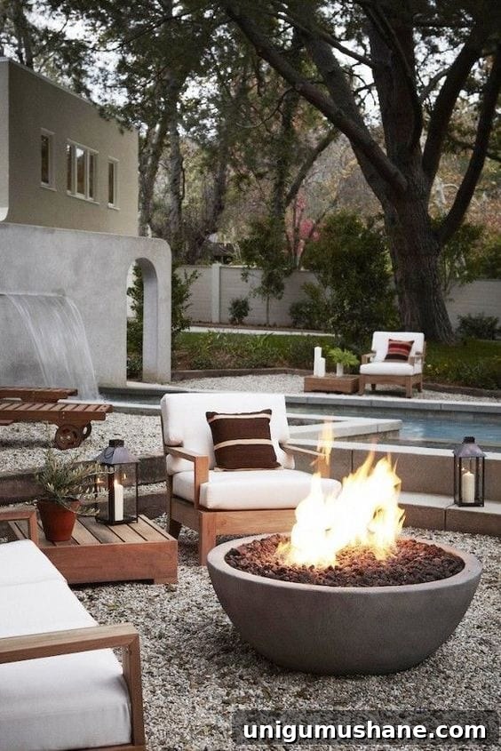 backyard fire pit with pea gravel