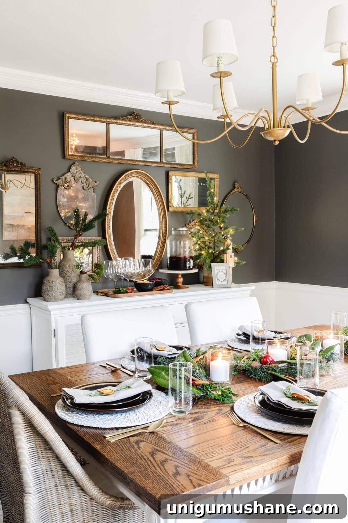 Printable Modern Classic Christmas Dining Room & Sangria Recipe 2 Dining room decorated for Christmas with mirror gallery wall