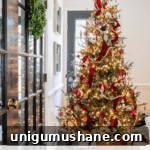 Realistic Artificial Christmas Trees for Every Budget 2025 5 fake Christmas tree with red ribbon, wood beads, and ornaments
