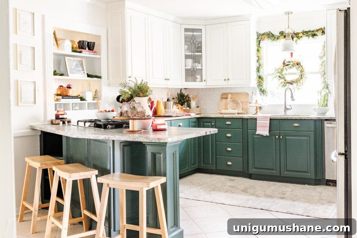DIY Christmas Brunch Decor Ideas with Printable Art 2 green and white kitchen decorated for Christmas