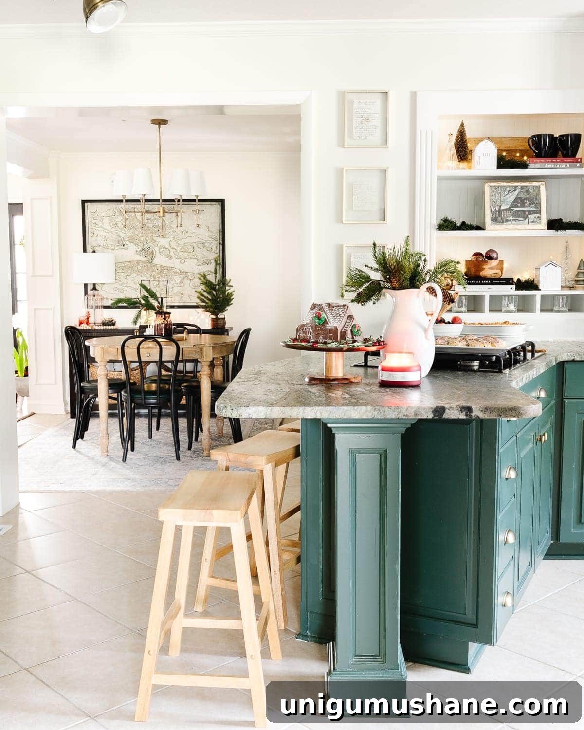 DIY Christmas Brunch Decor Ideas with Printable Art 3 green and white kitchen decorated for Christmas