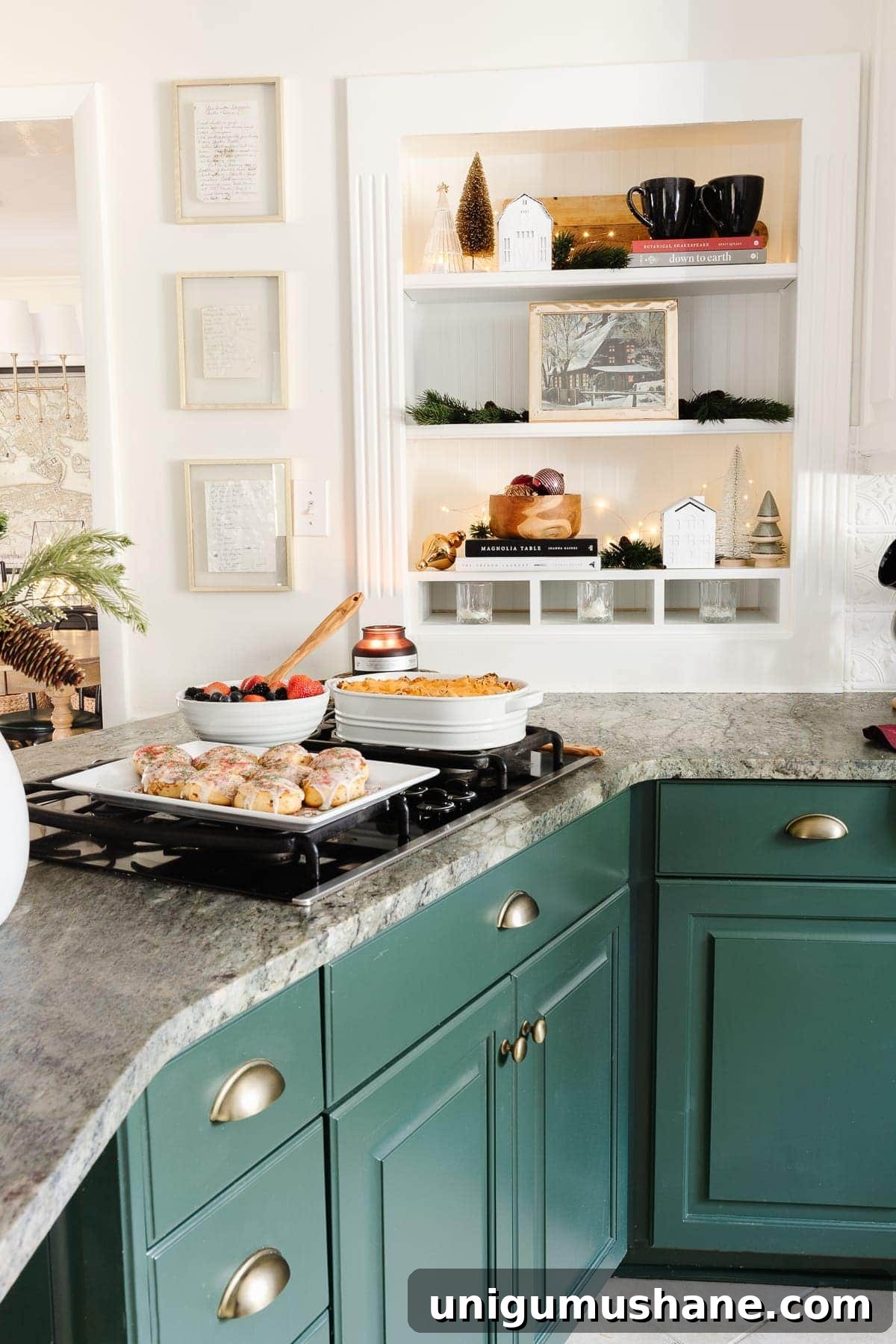 DIY Christmas Brunch Decor Ideas with Printable Art 4 Christmas brunch decor on a countertop, stove, and shelf
