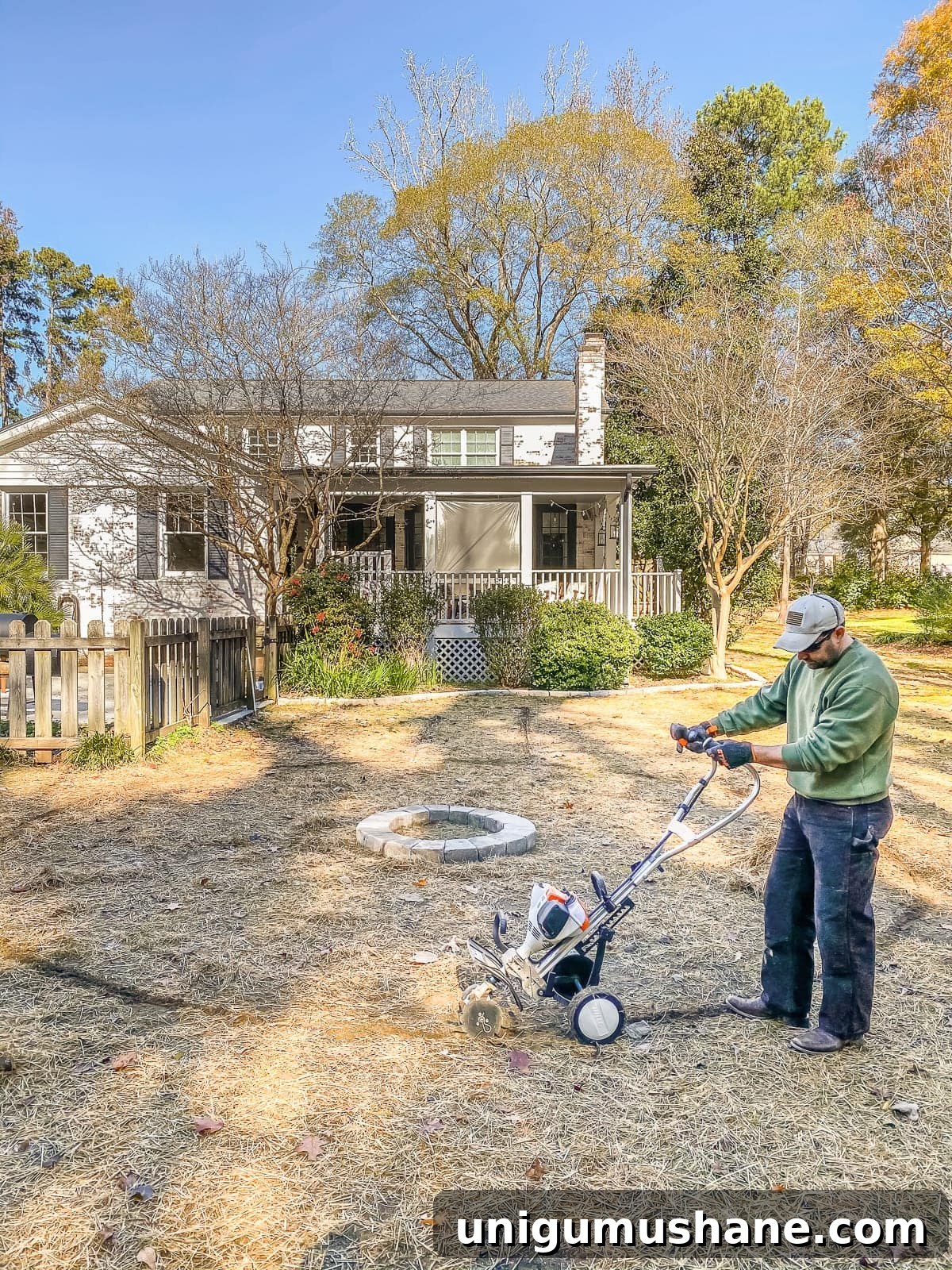 Build a Pea Gravel Backyard Fire Pit in a Weekend 11 STIHL Yard Boss edging the outline of a fire pit