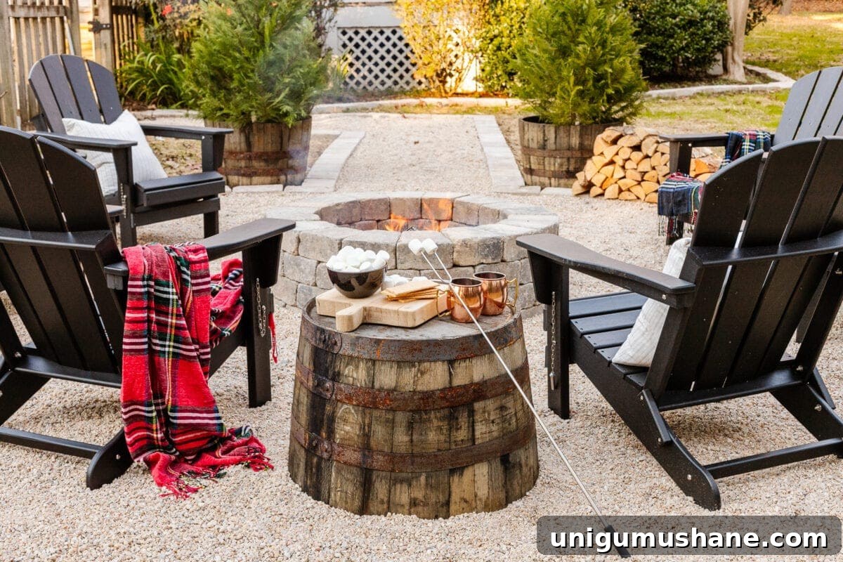 Build a Pea Gravel Backyard Fire Pit in a Weekend 18 stone diy fire pit with pea gravel, stone edgers, and adirondack chairs with a barrel planter as a side table