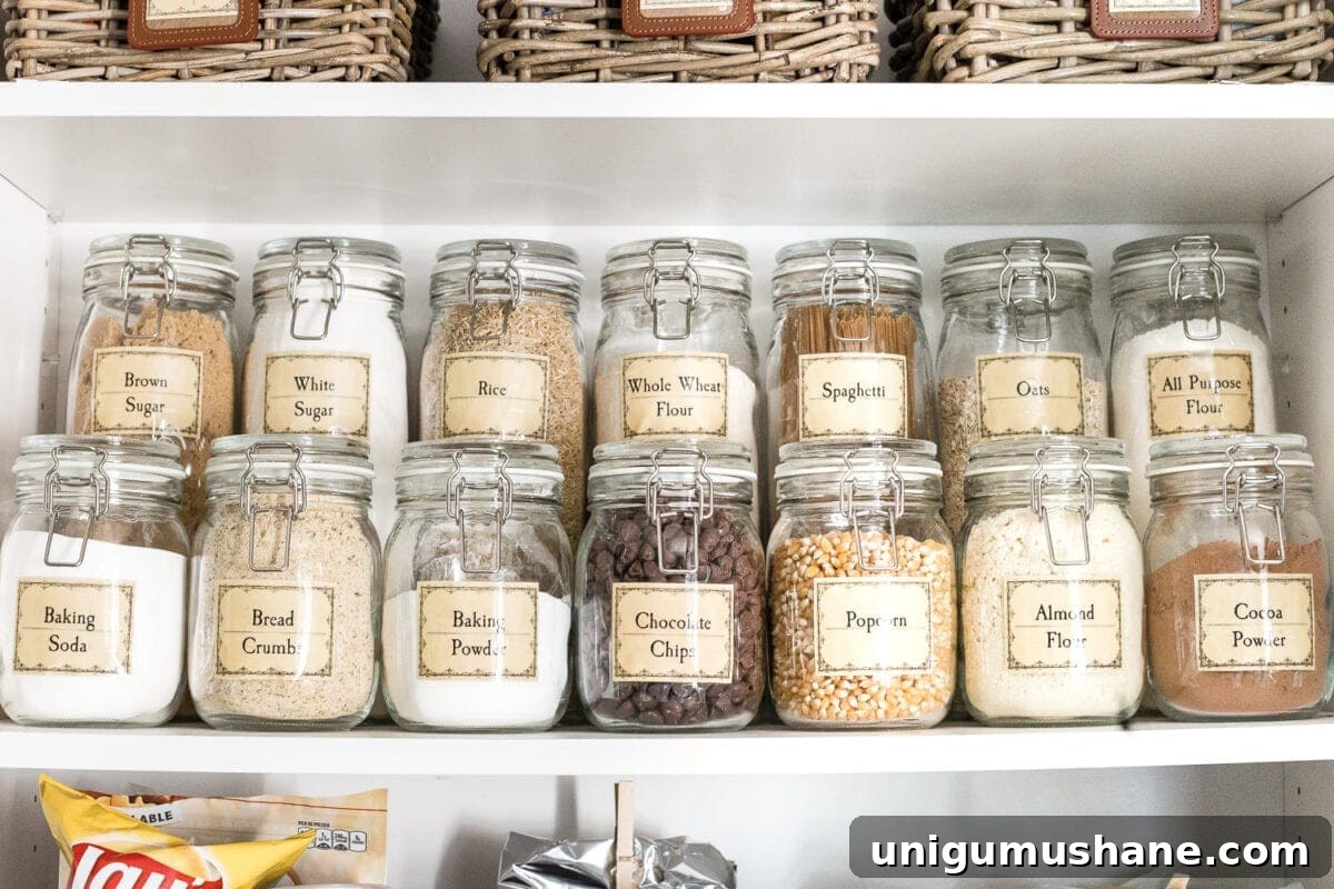 Home Organization Essentials for a Tidy Space 8 clear canisters and baskets in a pantry cabinet