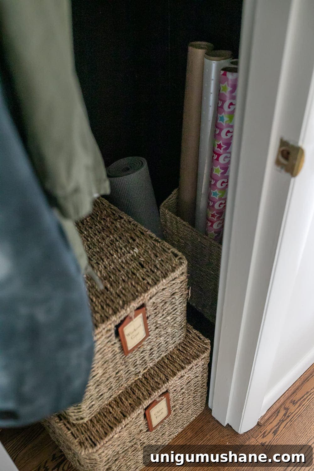Home Organization Essentials for a Tidy Space 17 Baskets for organizing workout gear and gift wrap supplies in a coat closet