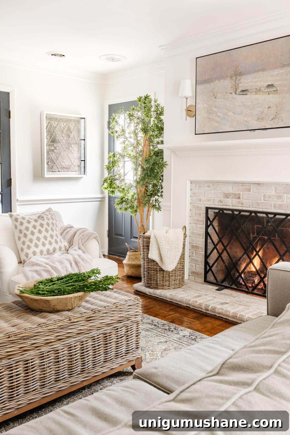 DIY designer-inspired textile art displayed in a living room corner