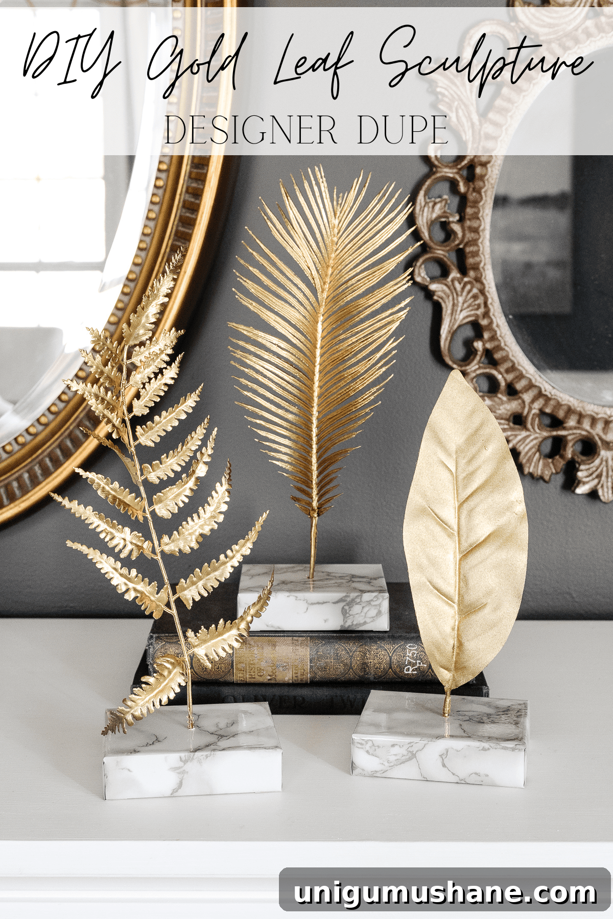 DIY Gold Leaf Sculpture: Designer Dupe for Less 2 DIY gold leaf sculptures on faux marble blocks