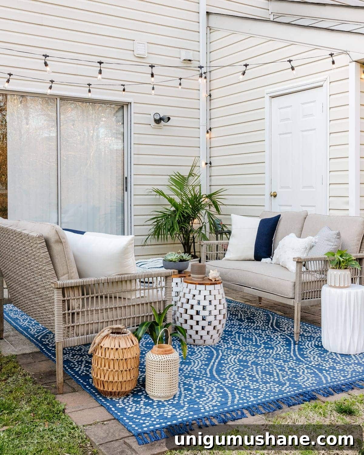 DIY Patio Ideas on a Budget to Transform Your Outdoor Space 9 backyard patio styled with outdoor furniture and plants behind a townhouse