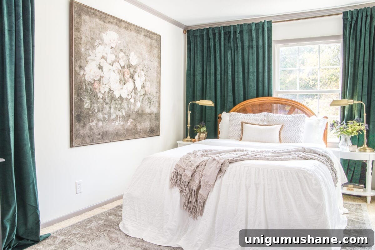 Move Beyond Farmhouse Style: Modern Home Makeover Tips 9 guest bedroom with green velvet curtains and off centered window trick