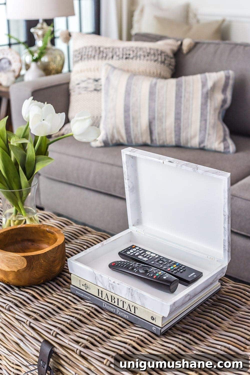 Coffee Table Decor Ideas with Styling Tips 6 marble remote control holder on a coffee table for practical coffee table decor ideas