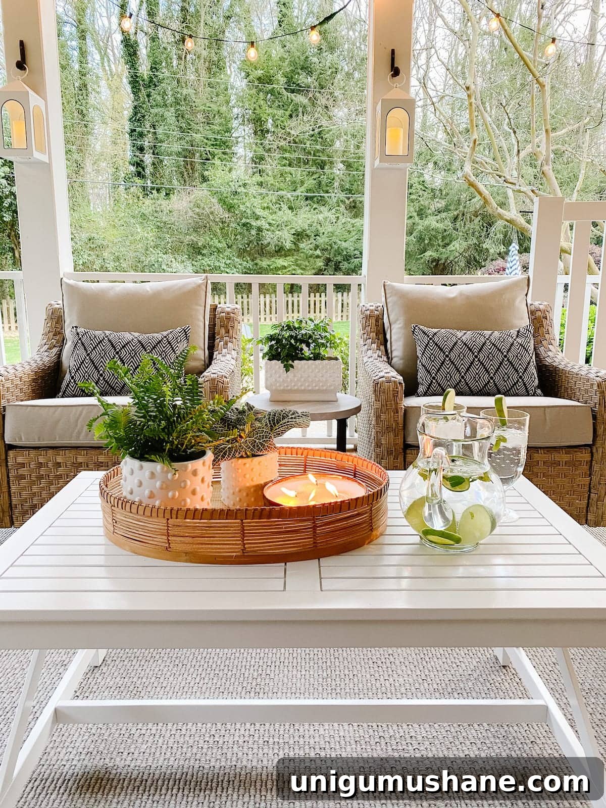 Back Porch Makeover Ideas for Cozy Outdoor Living 12 White lanterns and string lights