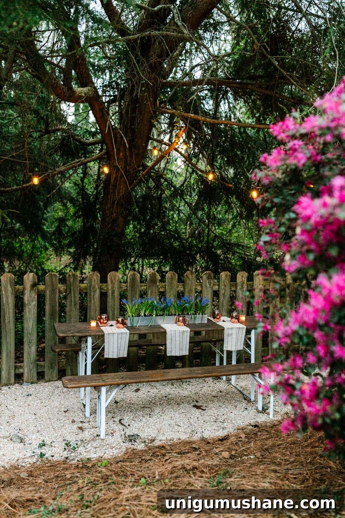 DIY Beer Garden: Transform Your Neglected Backyard 5 Using pea gravel and string lights to make a DIY beer garden dining area