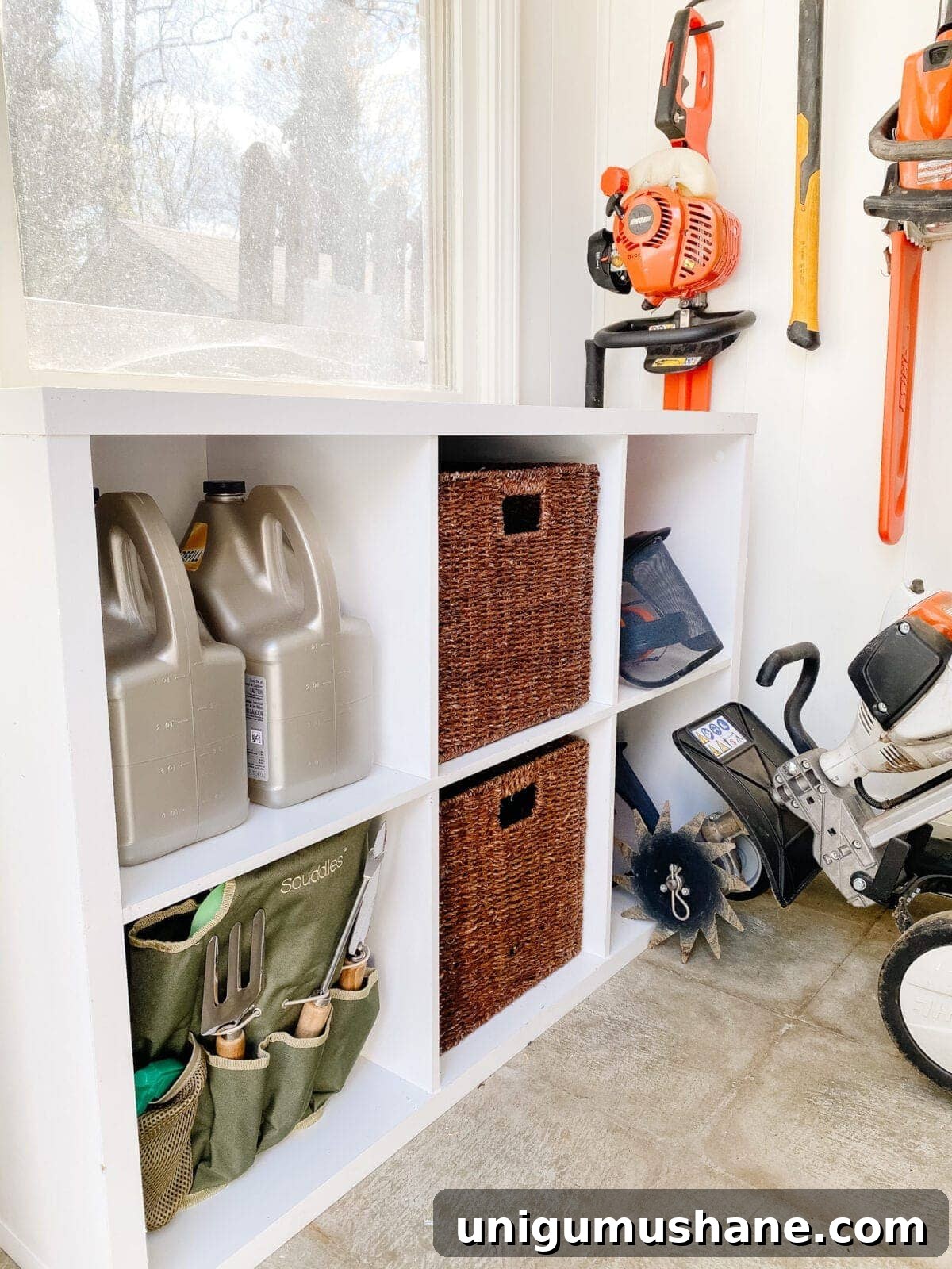 Storage baskets in cubby shelf for small items