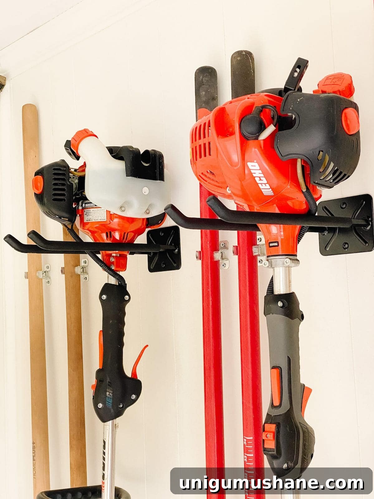 Mounted hand tools on shed wall