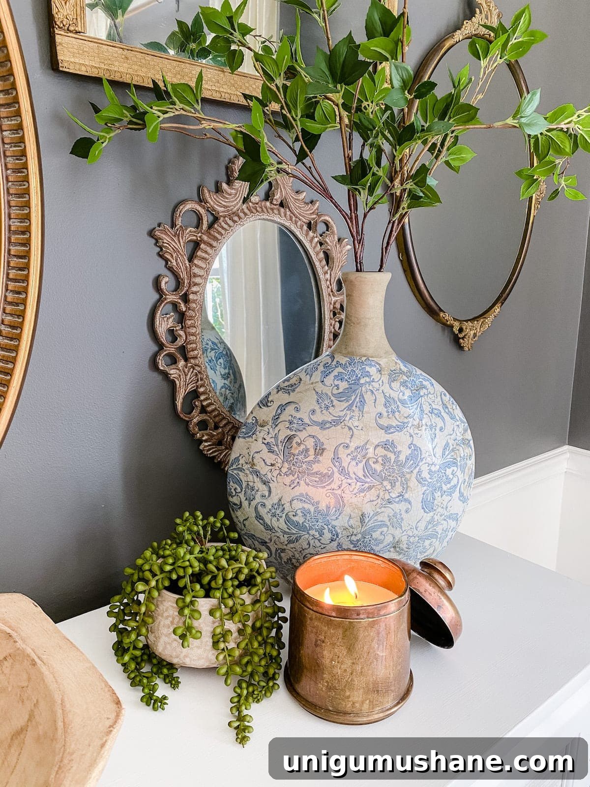 How to Make a Candle from a Thrifted Brass Canister 8 antique brass canister candle with Chinoiserie vase and greenery