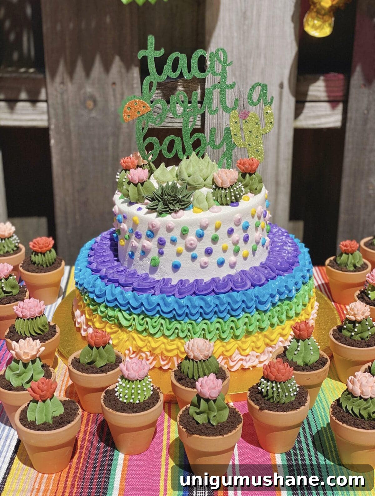 How to Plan a Fiesta Baby Shower: Themes, Decor and Menu Ideas 14 Fiesta themed baby shower cake with DIY mini cactus cupcakes
