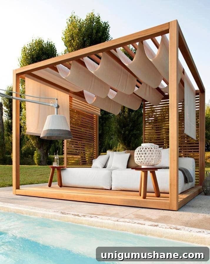 7 Pool Cabana Ideas for Your Next Backyard Project 6 pool cabana with wood slat wall and white cover