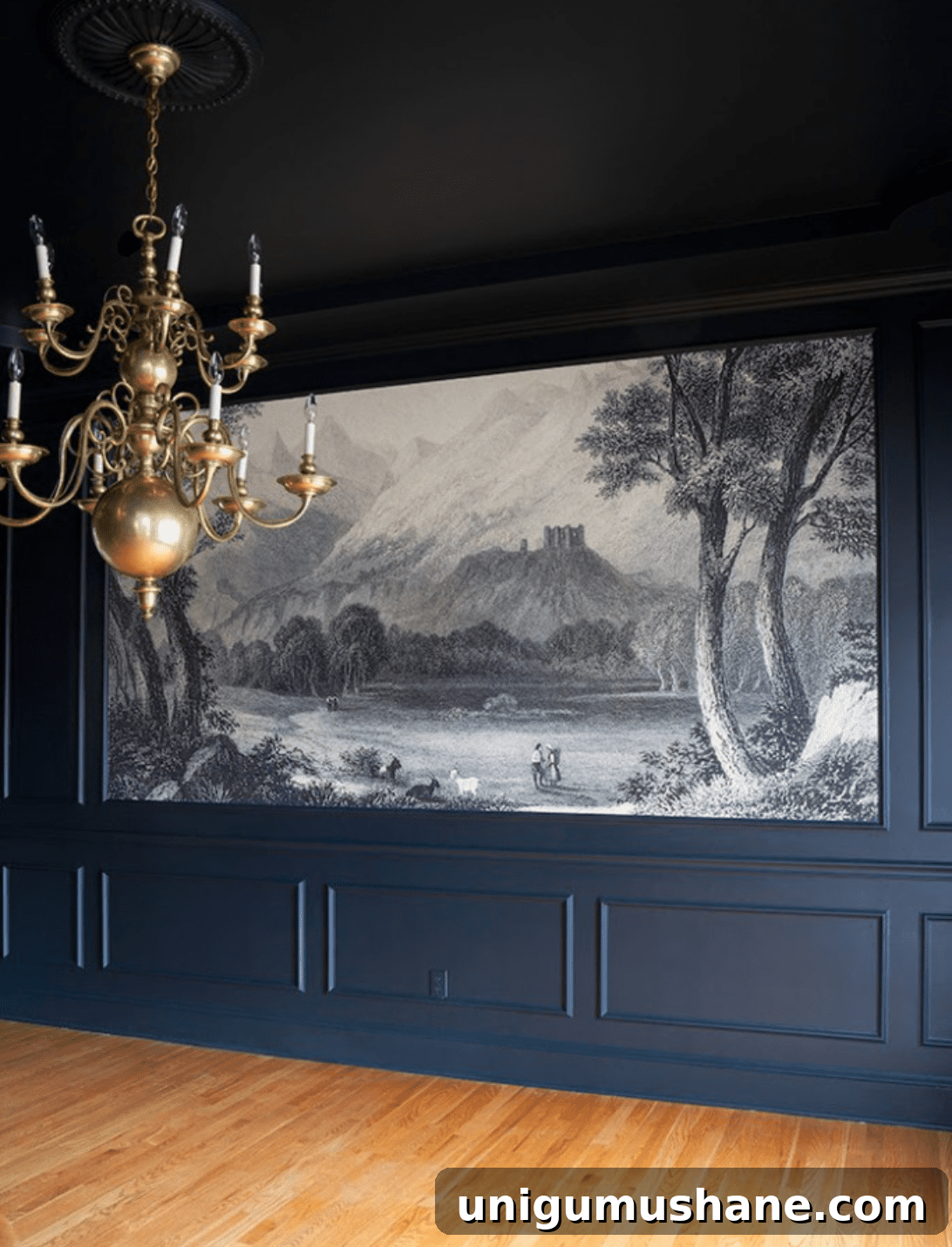 Modern Classic Dining Room Design and Remodel Plans 5 navy picture frame molding with scenic wall mural