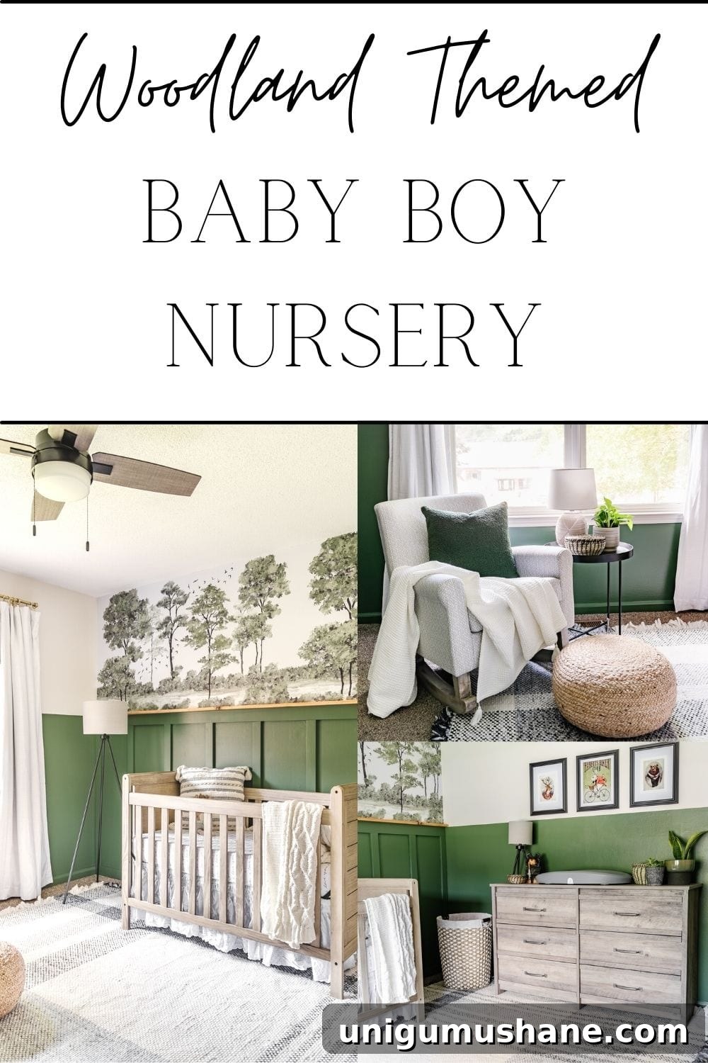 woodland theme baby boy nursery with green paint, forest wall mural, and plaid