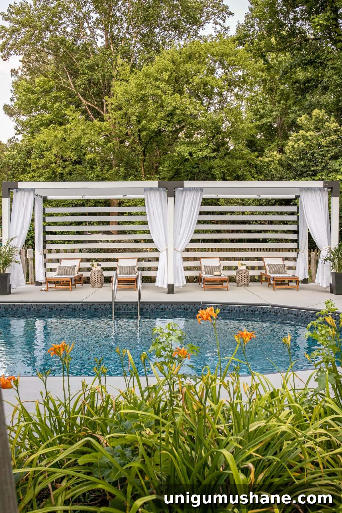 DIY cabana beside a backyard pool