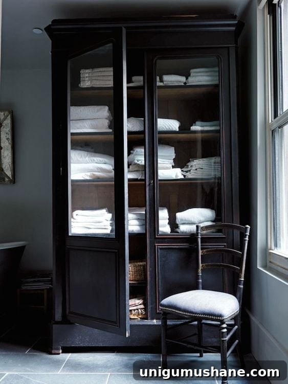 black linen cabinet with wood interior